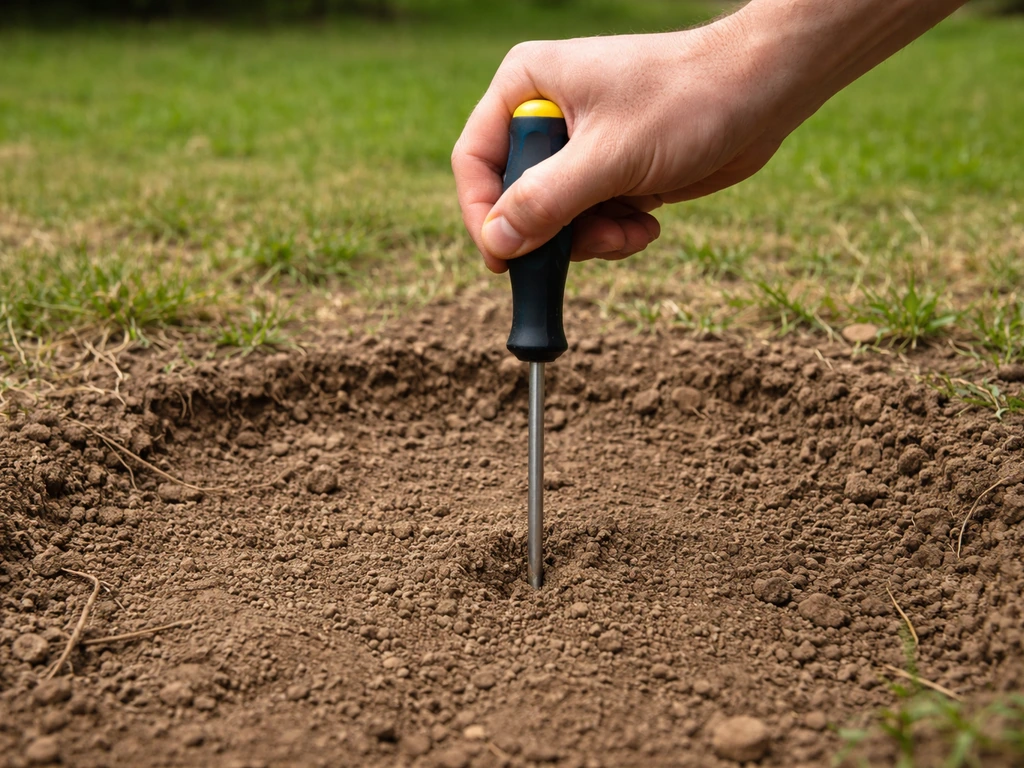 Une main enfonce un tournevis dans la terre sur ~10 cm pour vérifier la compaction du sol.