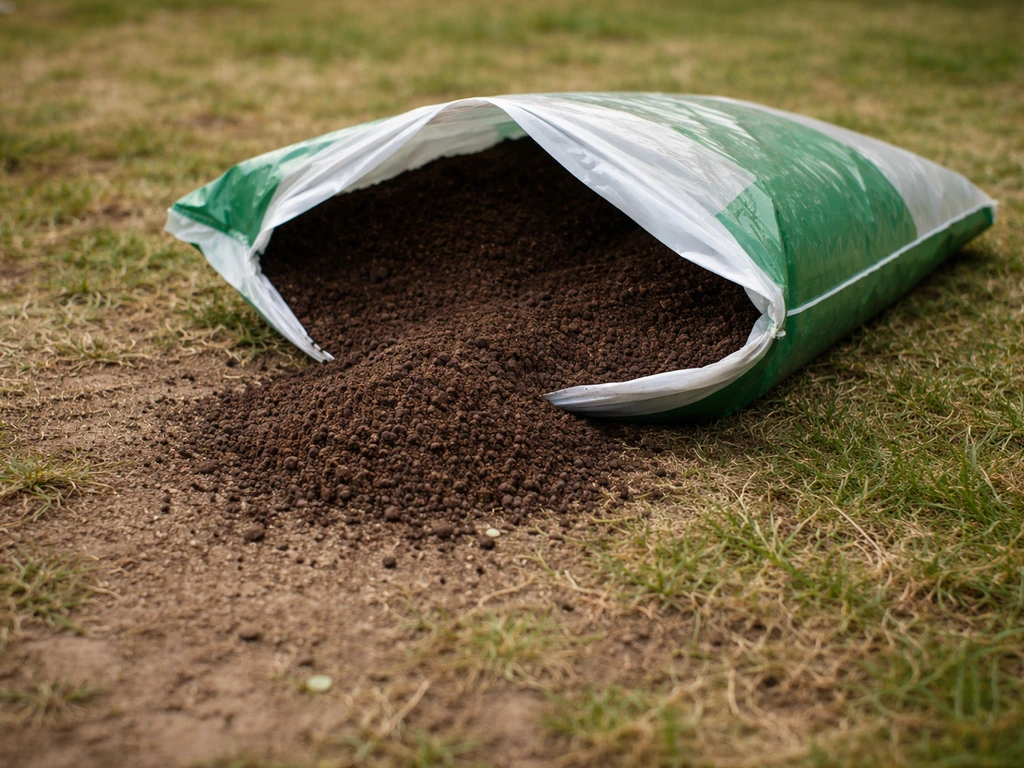 Sachet ouvert de terreau spécial gazon à texture fine, dans un jardin, lumière naturelle.
