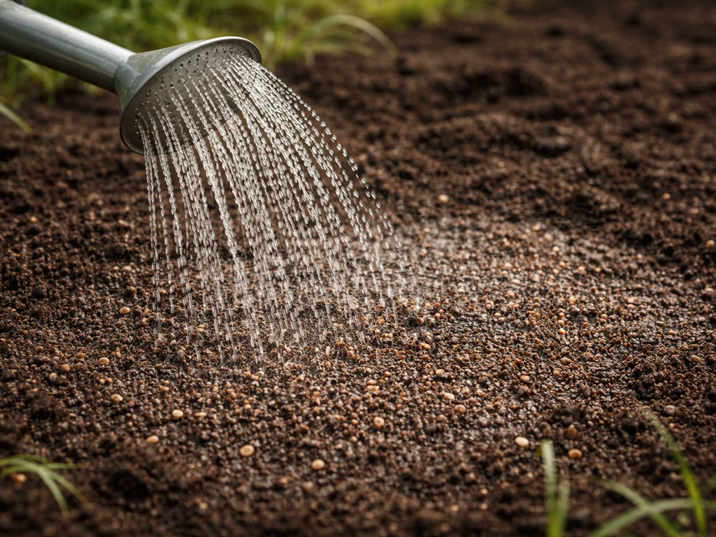 Arrosage en pluie fine sur du terreau fraîchement regarnie, humidité visible à la surface