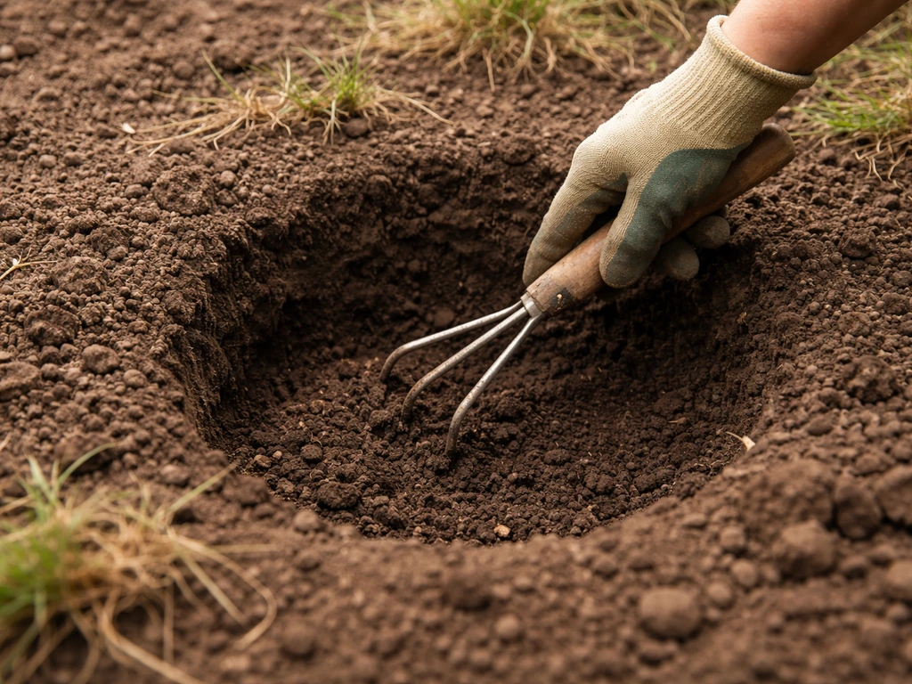 Une main gantée gratte le fond d’un trou de plantation, retirant l’herbe morte pour exposer une terre meuble.