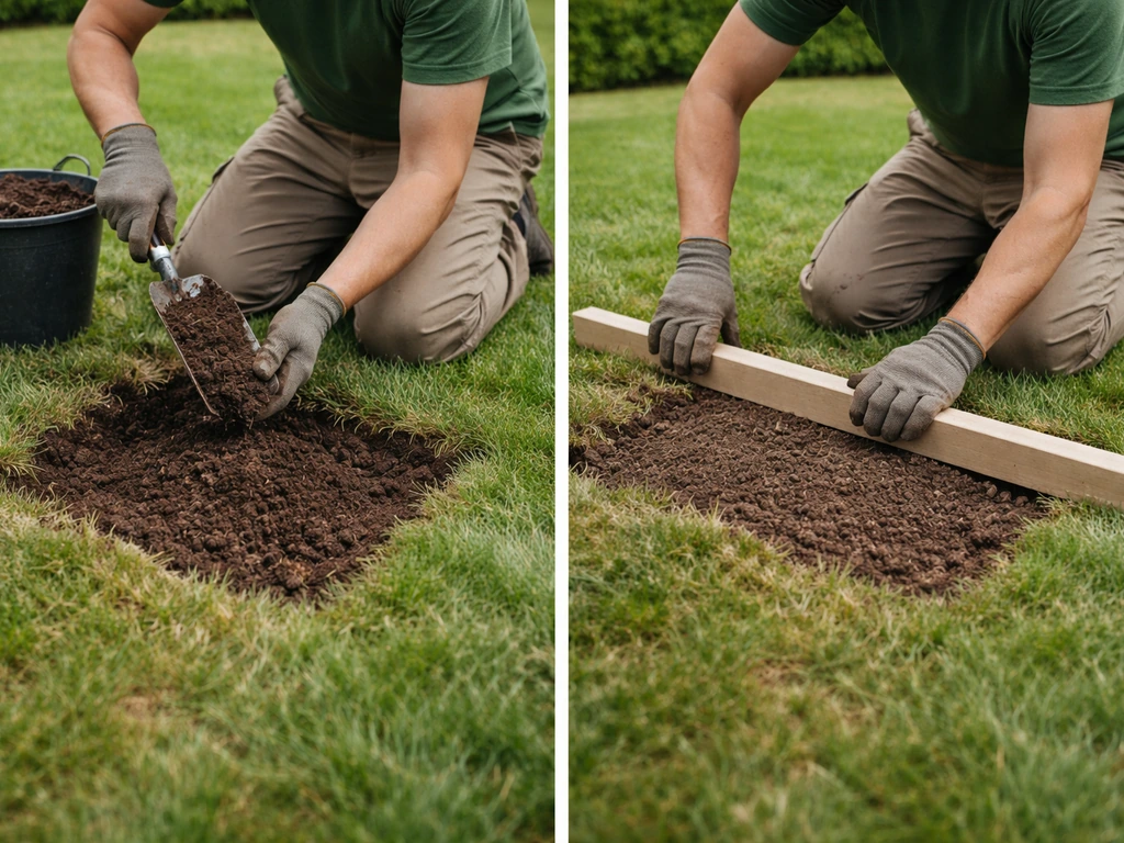 Un jardinier remplit un trou de pelouse avec de la terre puis le nivelle avec une planche de nivelage.