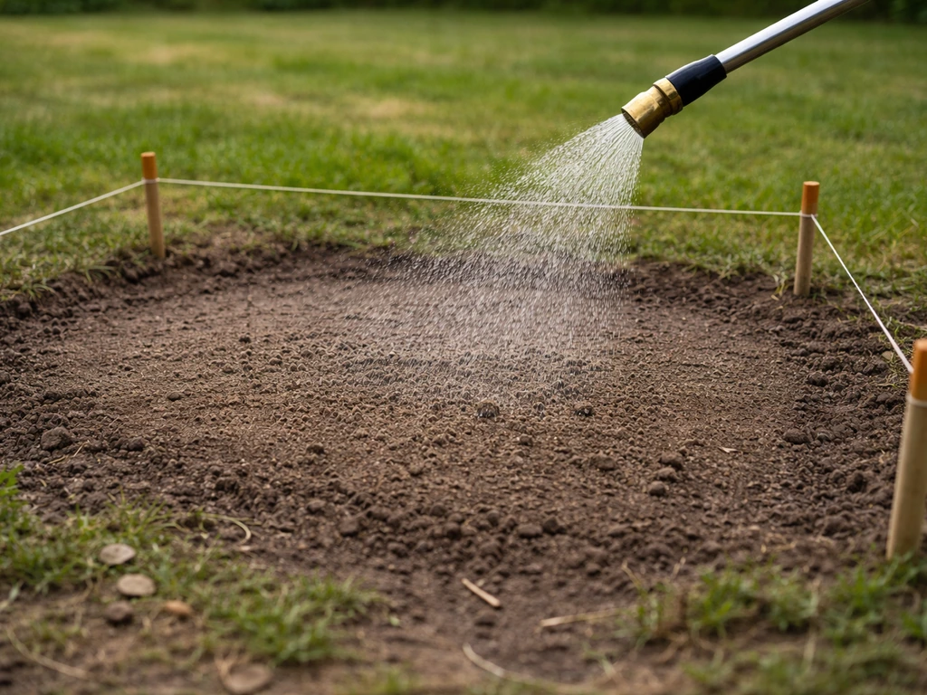 Arrosage en pluie fine d’une zone remblayée après réparation, avec cordes et petites balises pour éviter le piétinement.