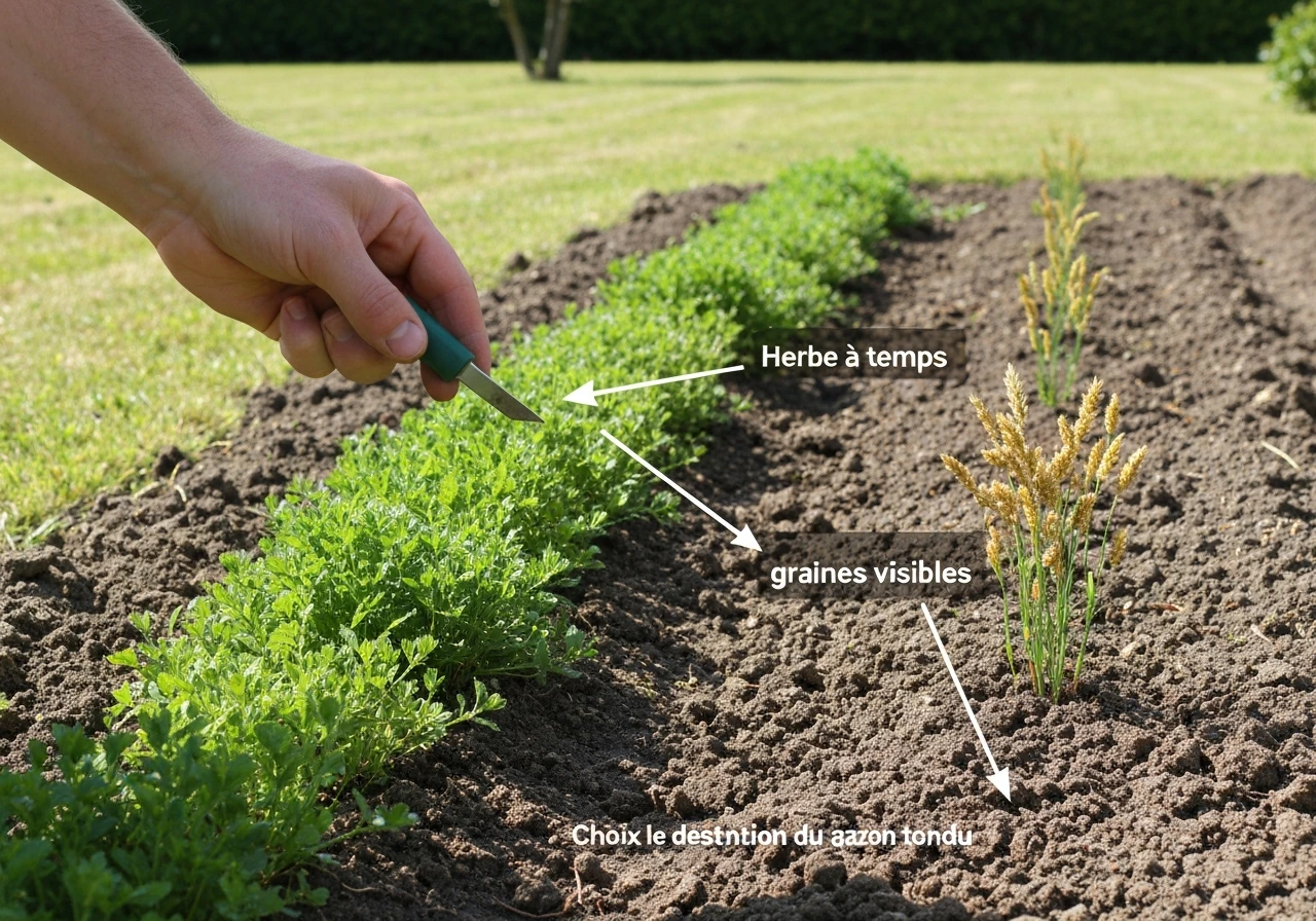 Vue rapprochée d’une main avec un coupe-herbe près d’un gazon, feuilles d’herbe et brins de graines au sol