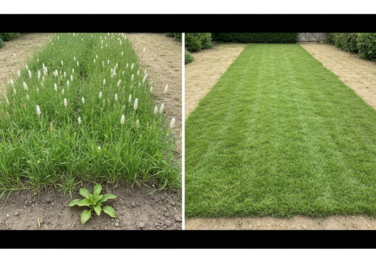 Pelouse haute et envahie de pissenlits en graines, à côté d’une pelouse courte prête au mulching.