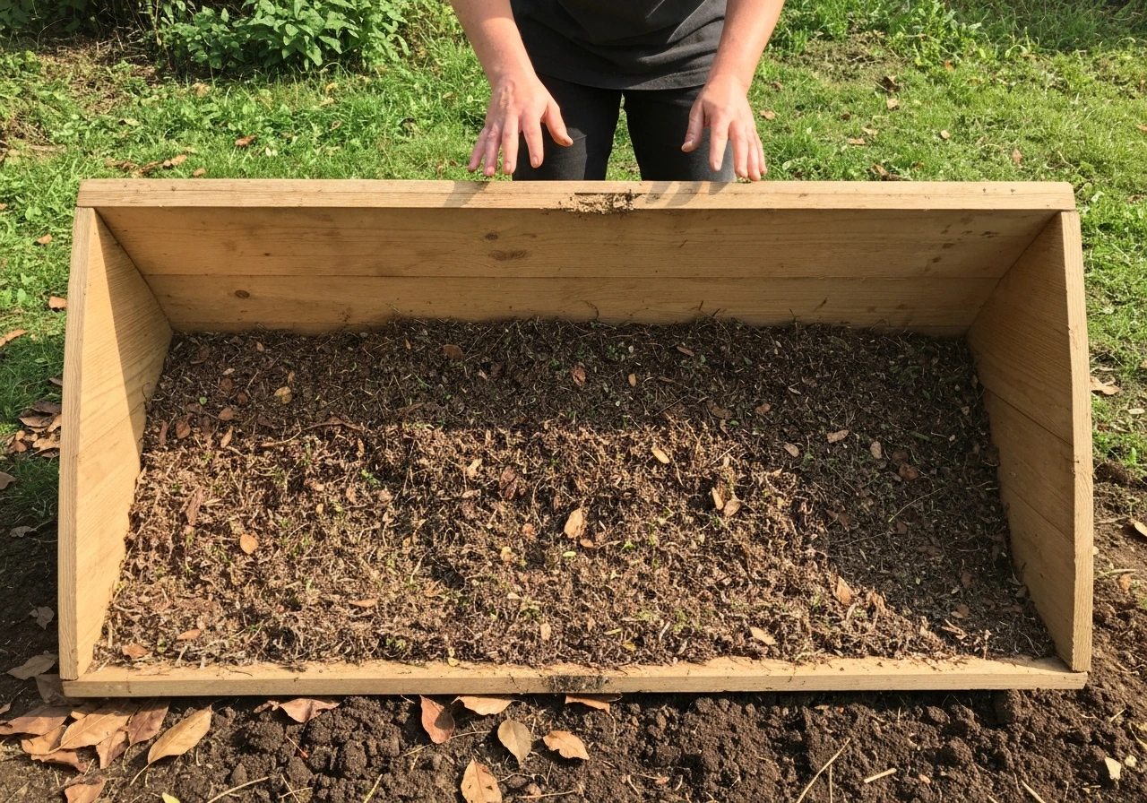 Bac à compost rempli d’un mélange homogène de tonte et de matières brunes, bien aéré, sans amas compact.