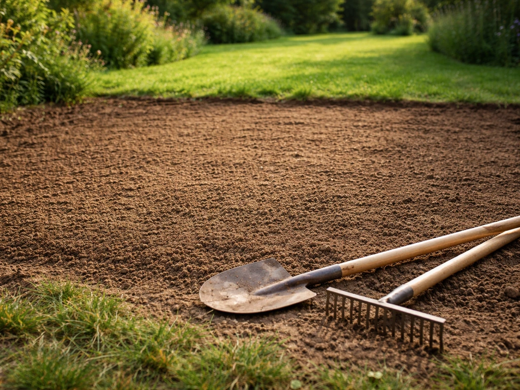 Bêche et râteau posés sur un sol retourné et nivelé, pelouse en arrière-plan floutée, jardin en préparation.