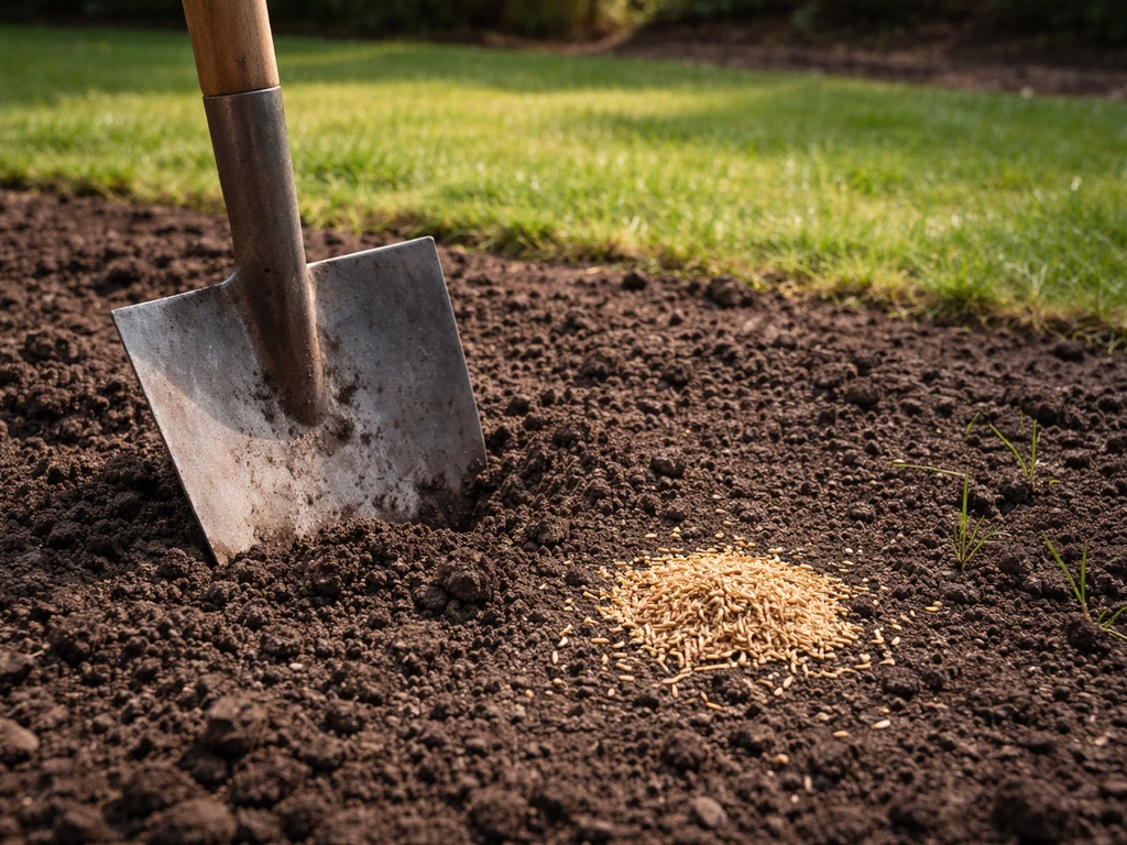 Jardin minimal avec pelle posée près d’une poignée de graines, sol frais, ambiance printanière.