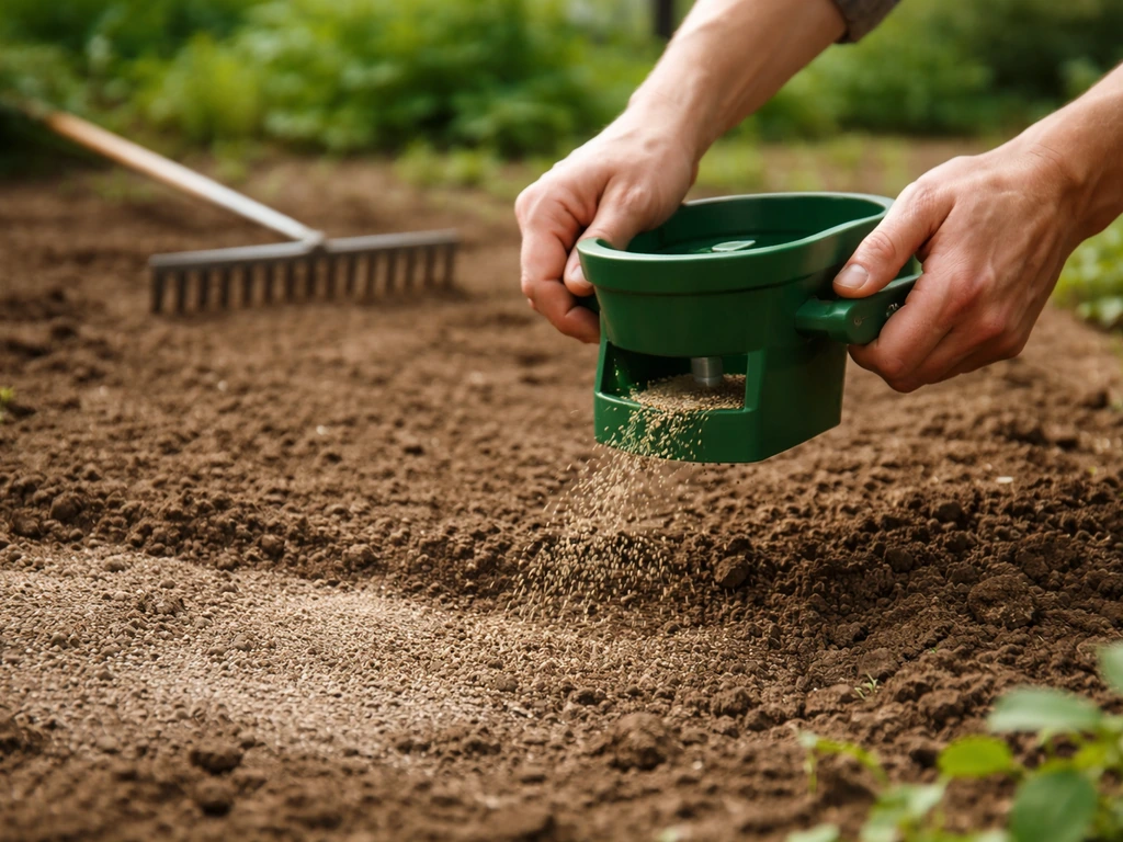 Jardinier déposant des graines avec un épandeur manuel, puis griffant légèrement la surface avant l’arrosage.