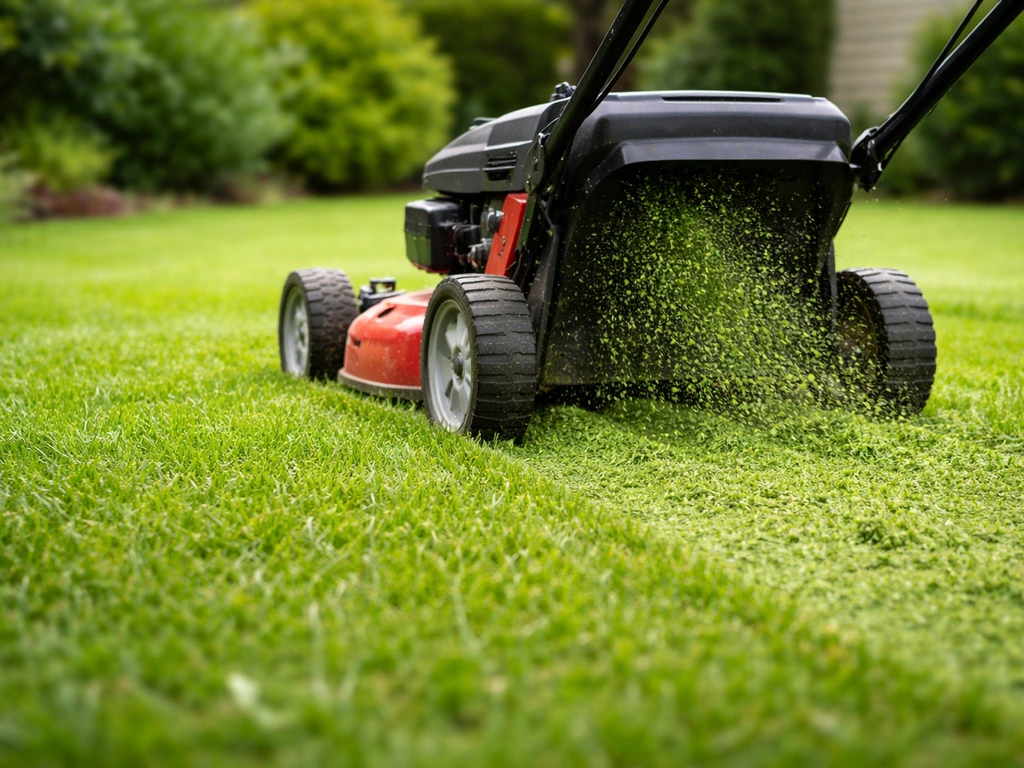 Tondeuse sans bac en mode mulching broyant l’herbe en fines particules laissées sur la pelouse