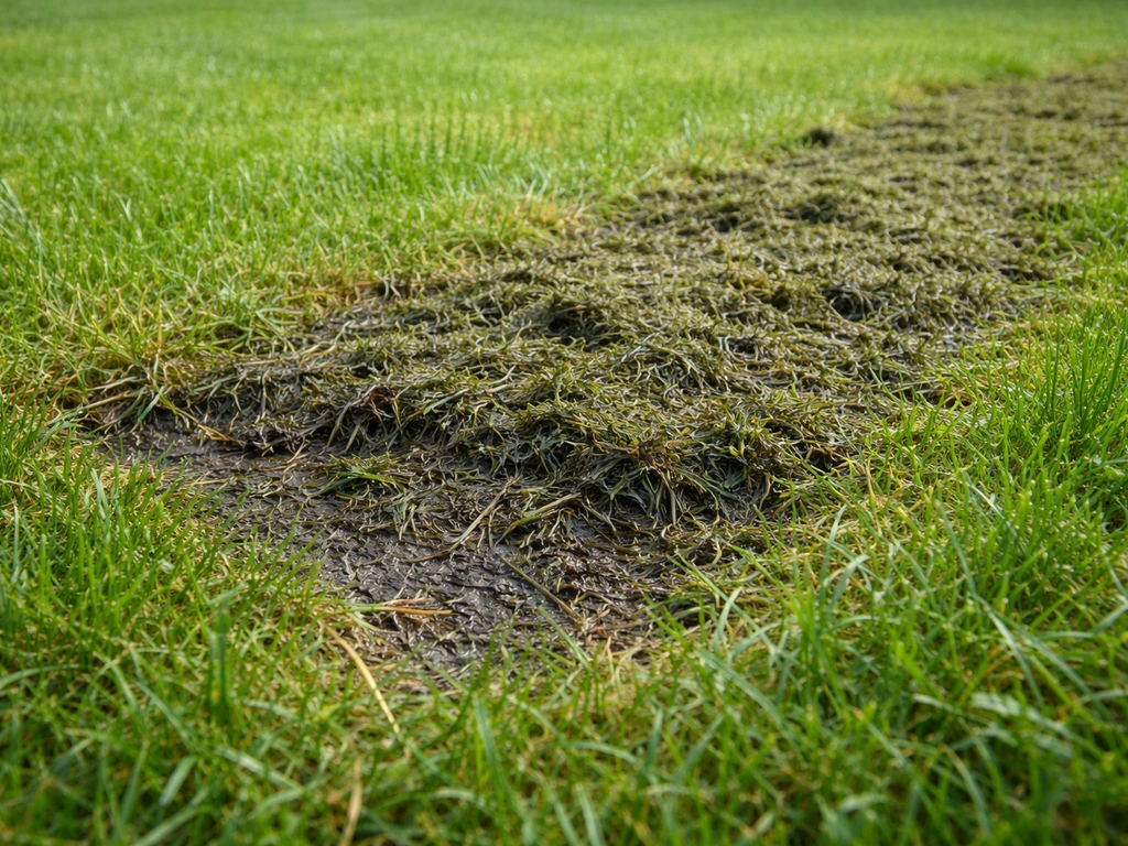 Zone de pelouse avec amas d’herbe humide et feutre compact, effet d’un mulching mal maîtrisé.