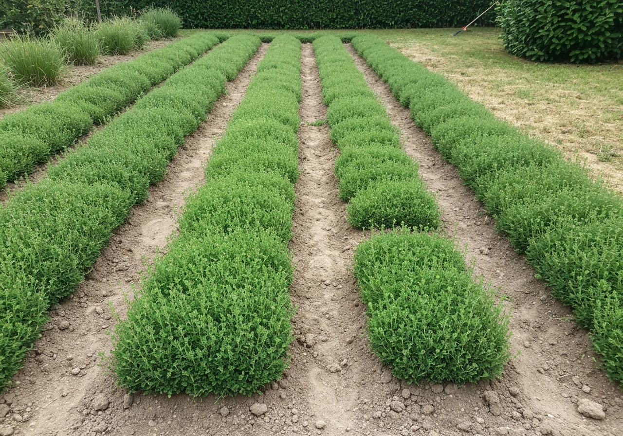 Pelouse clairsemée avec zones envahies de mauvaises herbes, entre zones plus vertes et touffes d’adventices.