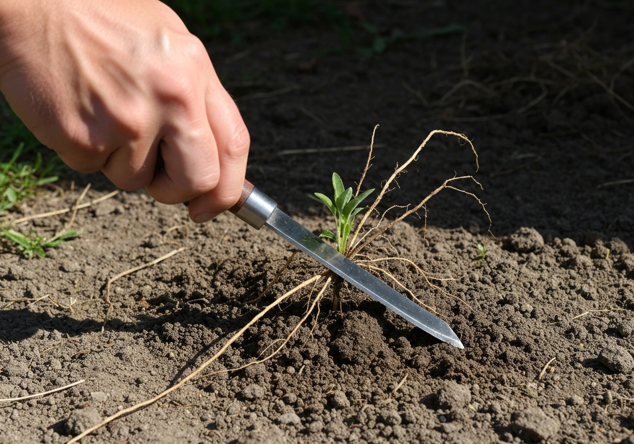 Main utilisant un couteau à désherber sur pissenlit, extraction montrant la racine et la terre