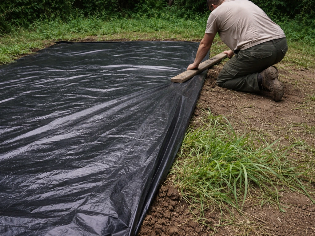Pose d’une bâche noire opaque sur une zone envahie de jardin, herbes encore visibles au bord.
