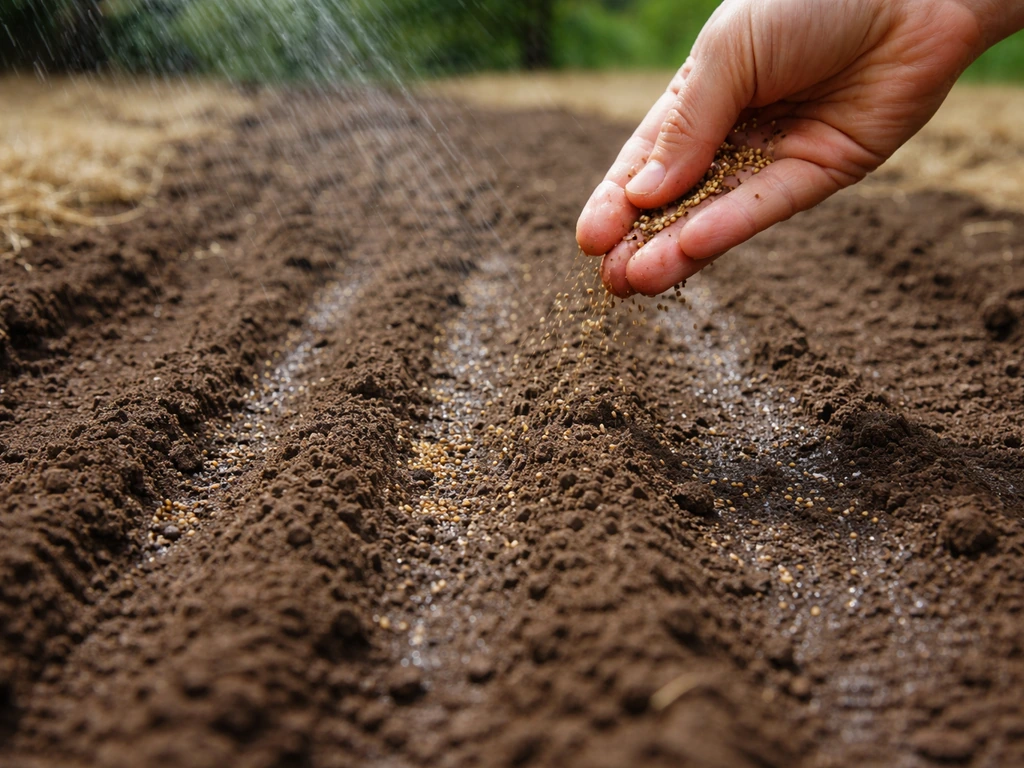 Semis de graines sur sol préparé, arrosage léger et paillage discret visibles
