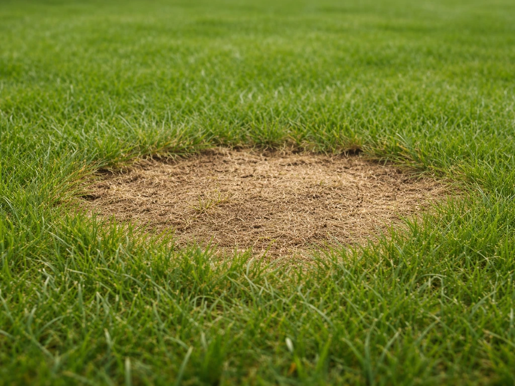 Gros plan d’une tache brune circulaire sur une pelouse, avec bords nets et herbe clairsemée.