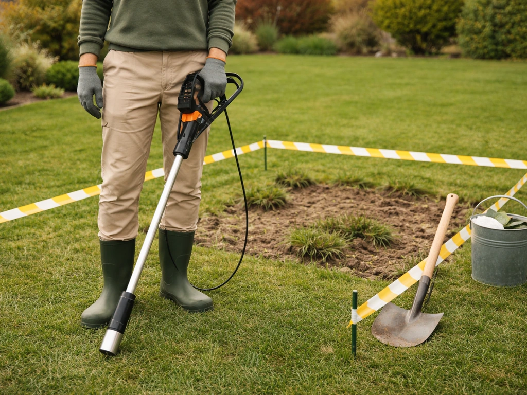 Pelouse de jardin à traiter avec un désherbeur thermique, zone délimitée au sol et matériel de sécurité prêt.