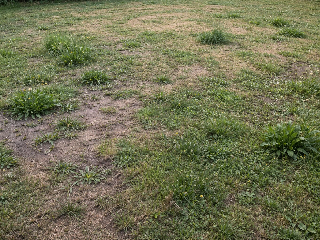 Pelouse envahie et irrégulière, avec zones jaunies et mauvaises herbes avant remise en état.
