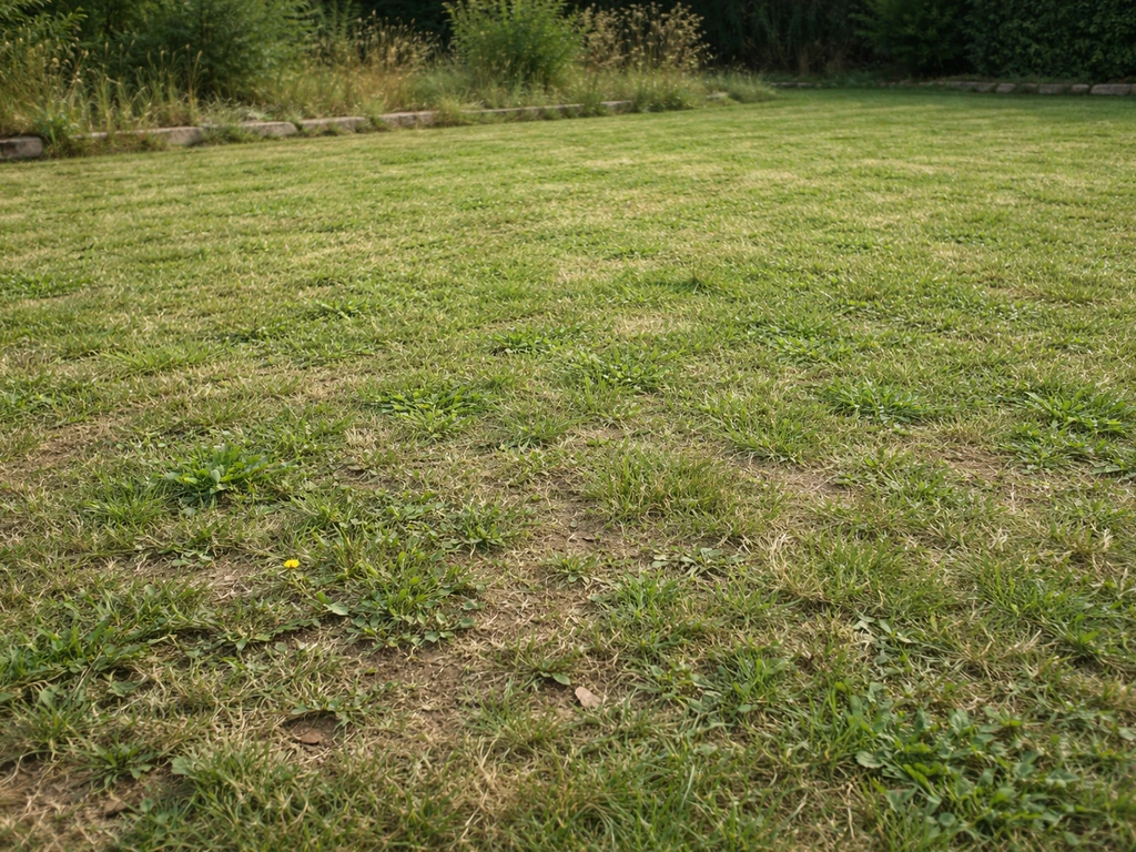 Pelouse tondue mais parsemée de mauvaises herbes, sol légèrement visible, ciel clair.