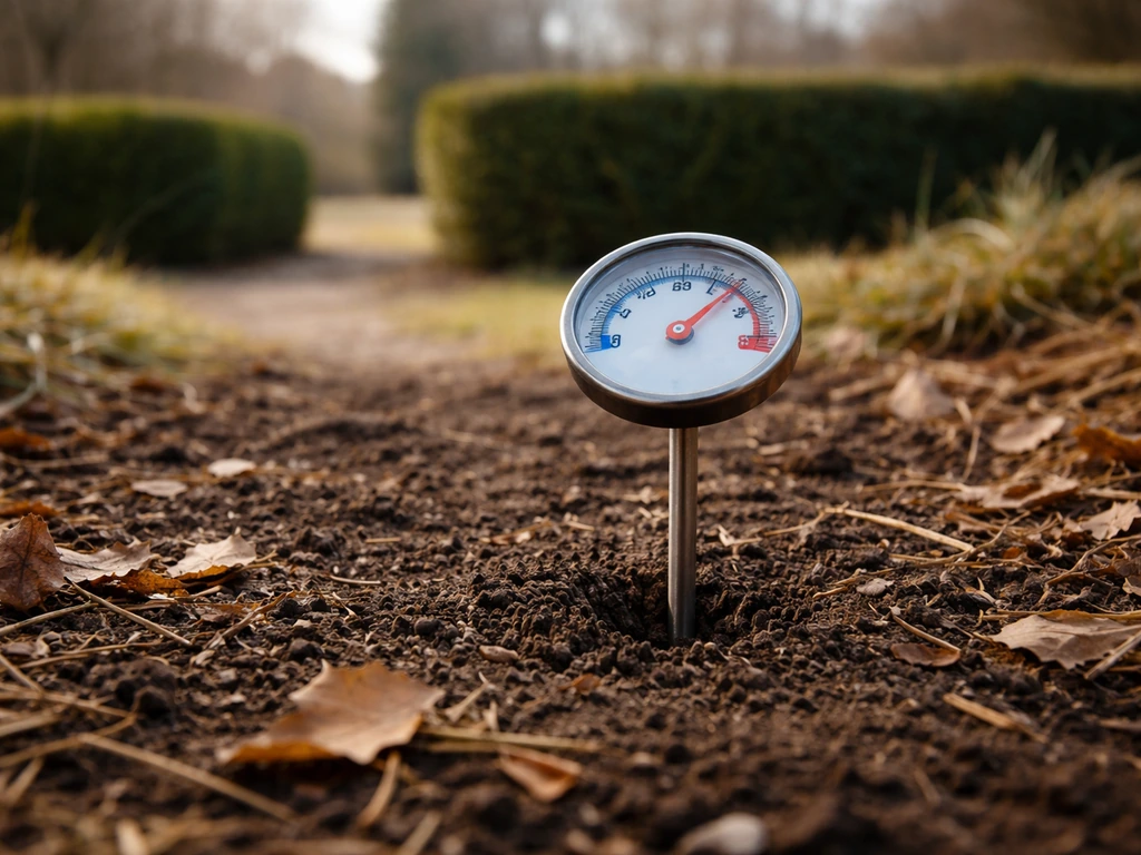 Thermomètre au sol dans un jardin d’hiver, sol sec, lumière douce et ciel clair sans gel visible.