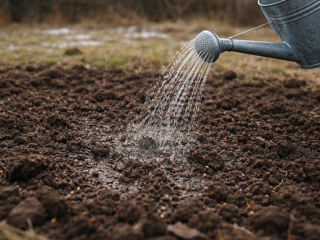 Arrosage d’une zone nouvellement semée en hiver : sol humide mais non ruisselant, arrosoir en métal et pluie fine.