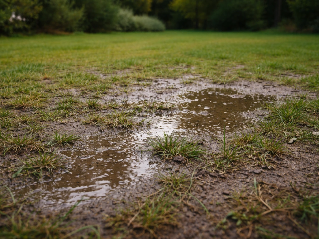 Pelouse près d’une zone sombre avec flaques après la pluie et sol humide en surface