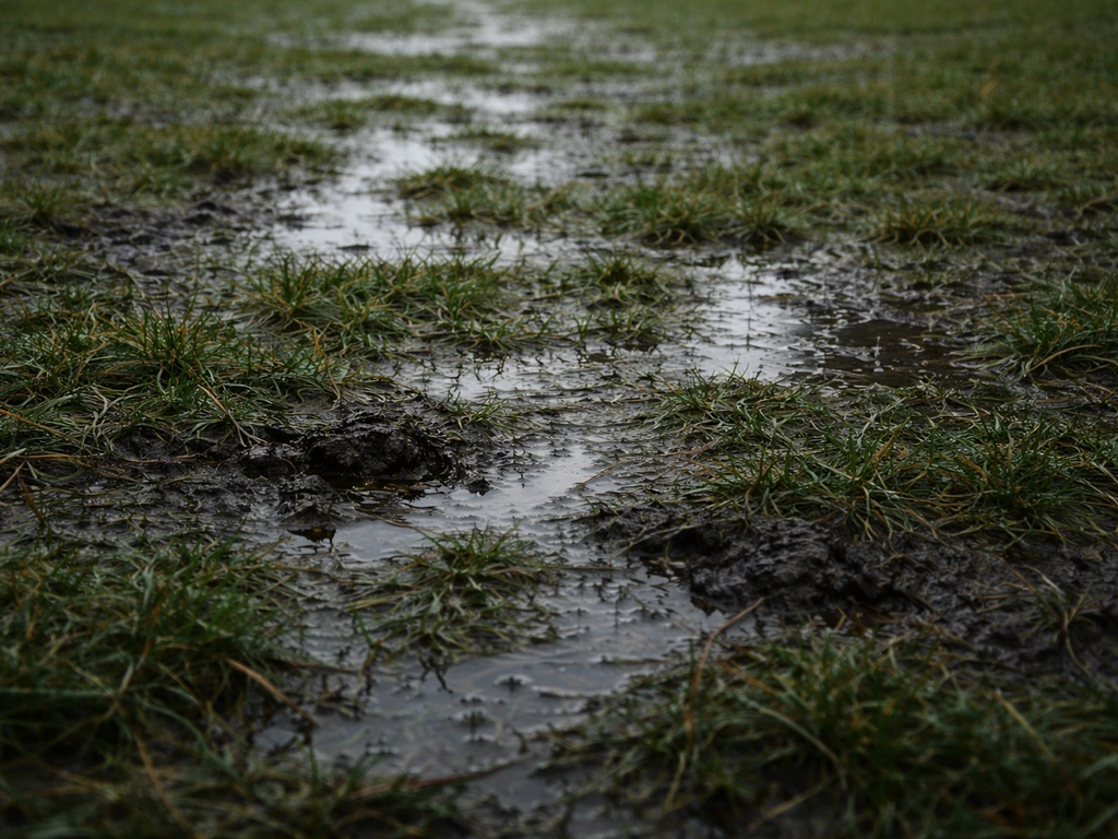 Pelouse détrempée avec sol luisant et mottes sombres, illustrant une situation à éviter avant de caroter.