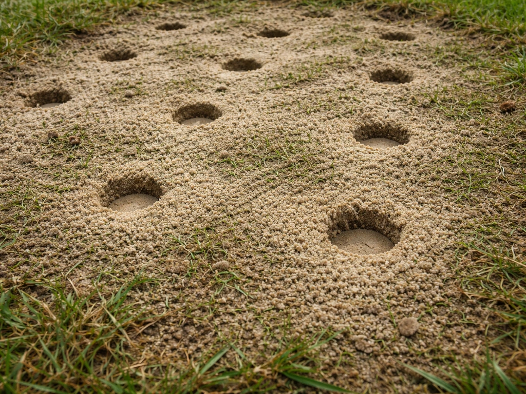 Sol de jardin avec trous ronds remplis de sable fin et traces d’épandage/balayage visibles.