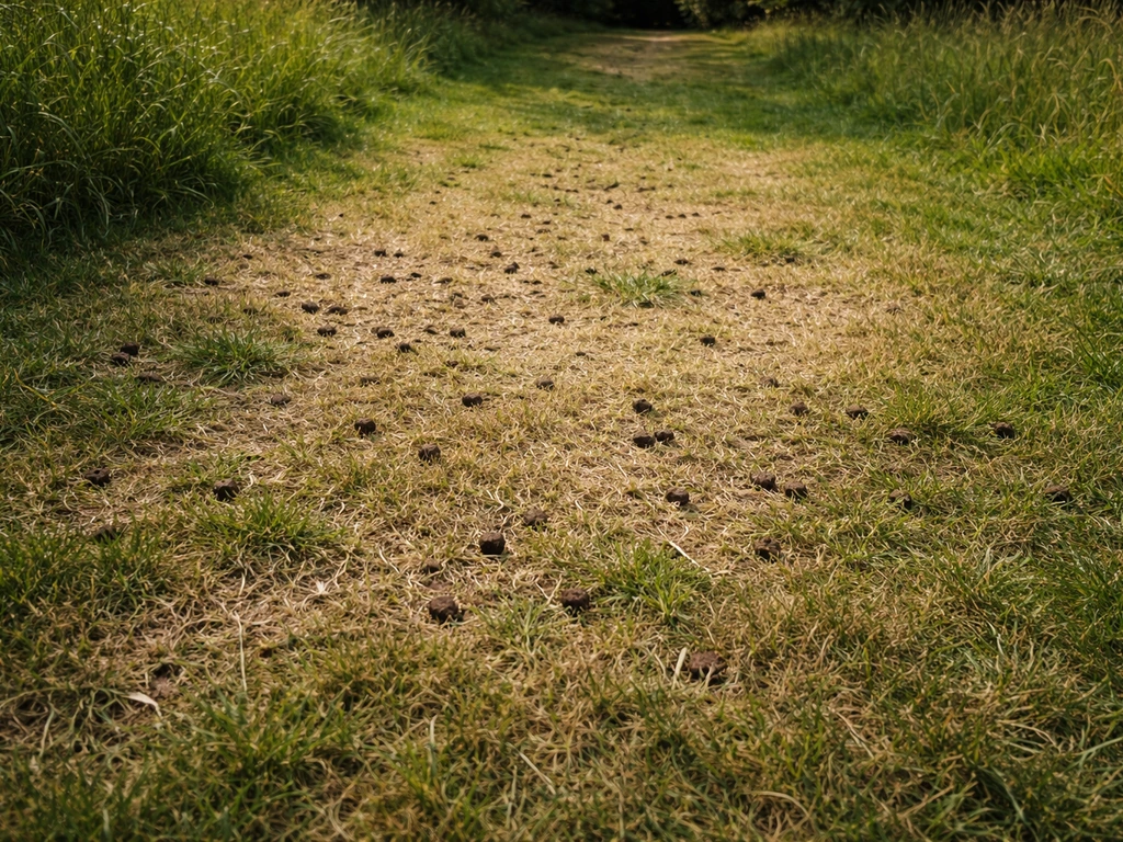 Pelouse sèche avec zones carottées et herbe trop haute, montrant le mauvais arrosage et la tonte tardive.