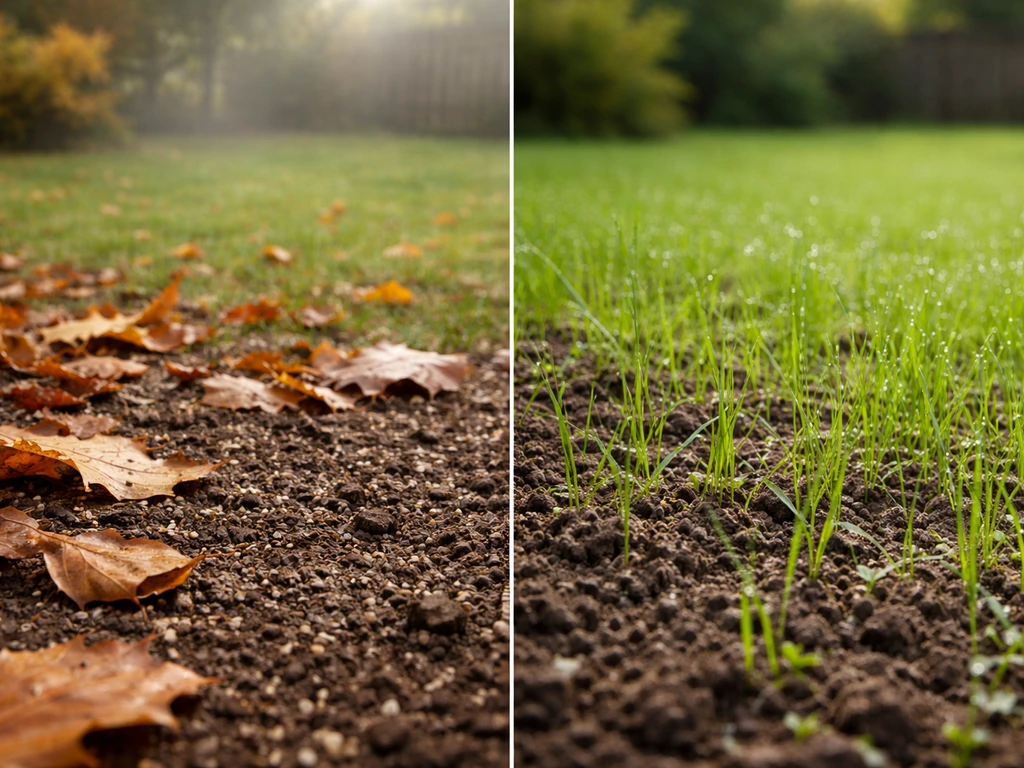 Pelouse de jardin montrant deux périodes : automne avec feuilles et sol humide, printemps avec jeunes brins et rosée.