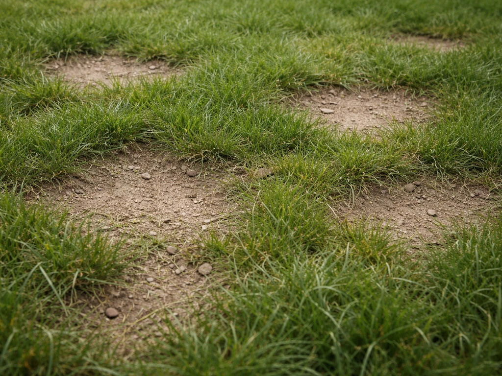 Pelouse avec zones clairsemées et taches « chauves » où le sol apparaît, prêtes pour un regarnissage.