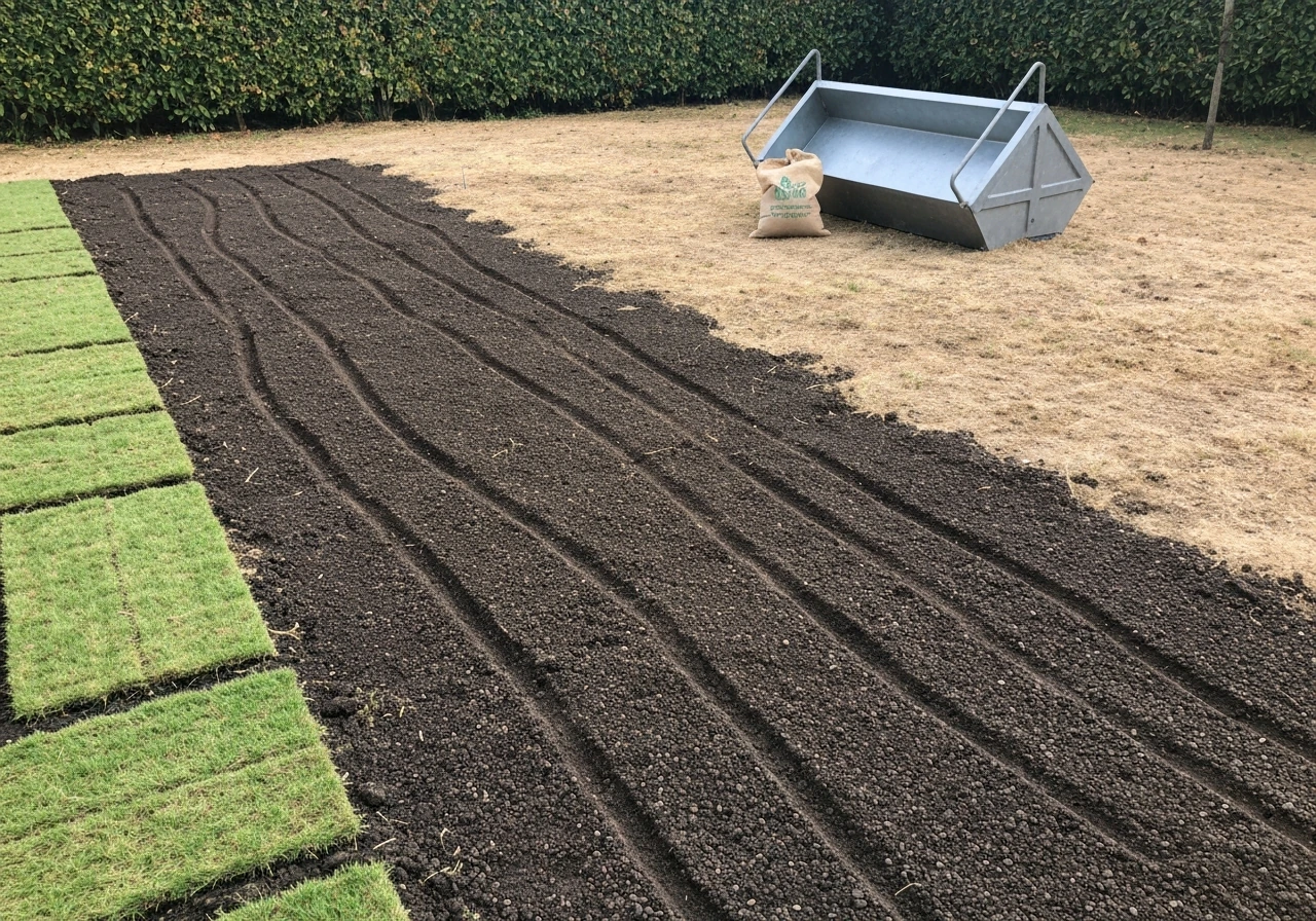 Pelouse scarifiée dans un jardin français, prête pour regarnissage avec sol sombre et zones dégagées.