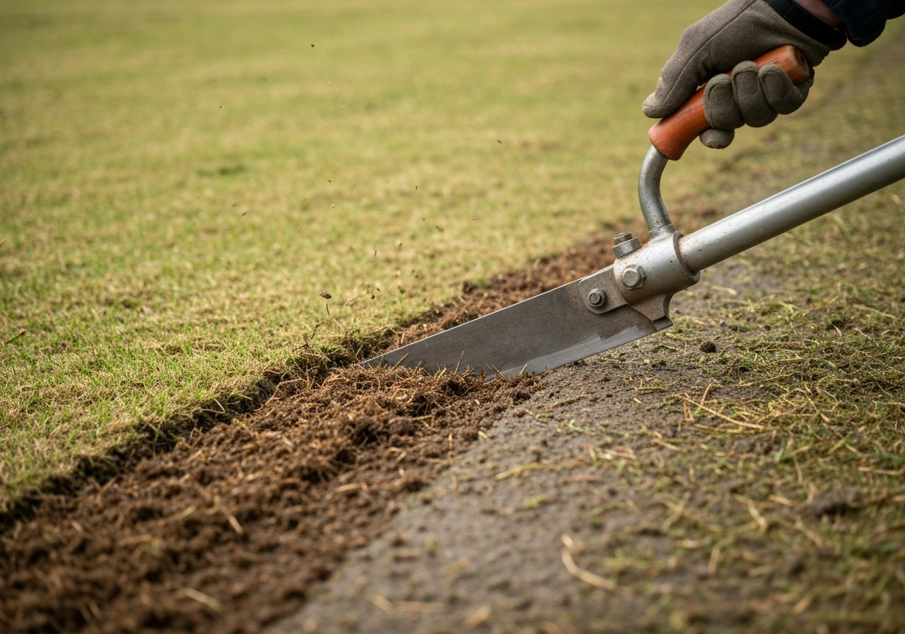 Scarification d’une pelouse : lame coupe le feutrage et soulève des débris de tiges mortes