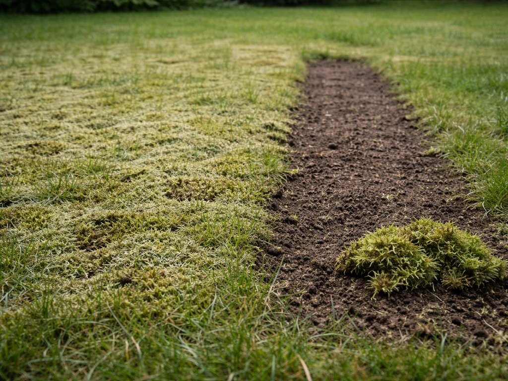 Pelouse gris-vert envahie de mousse, zone dégagée avec sol apparent prêt pour regarnissage.