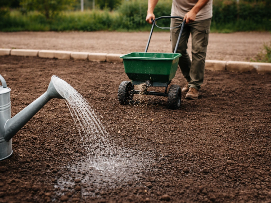 Un épandeur à pousser répand des graines sur un sol ratissé, avec un arrosage léger pour la germination.