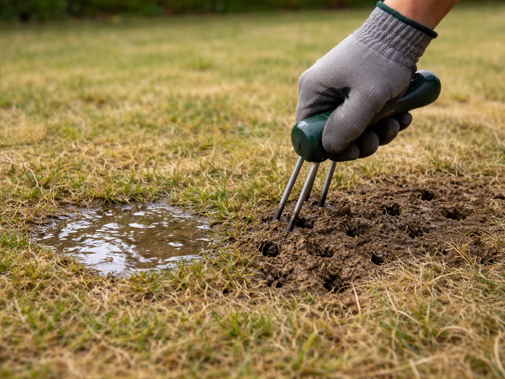 Main et outil jardin perforant une pelouse tassée, montrant un sol aéré et une meilleure infiltration de l’eau.