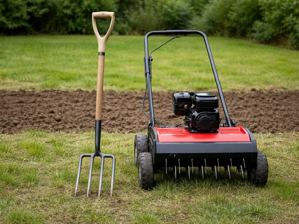 Fourche à bêcher et aérateur à pointes côte à côte sur un sol de jardin, pour petites et grandes surfaces.