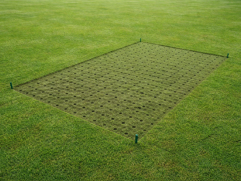 Pelouse fraîchement tondue avec une zone quadrillée et de petits trous nets pour le pas à pas de l’aération.