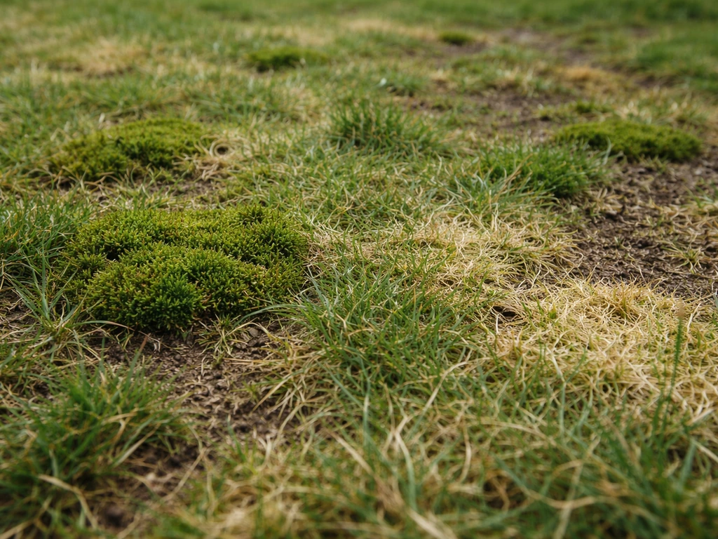 Mousse dans un gazon avec zones jaunies, sol sombre en arrière-plan, vue au ras du sol.