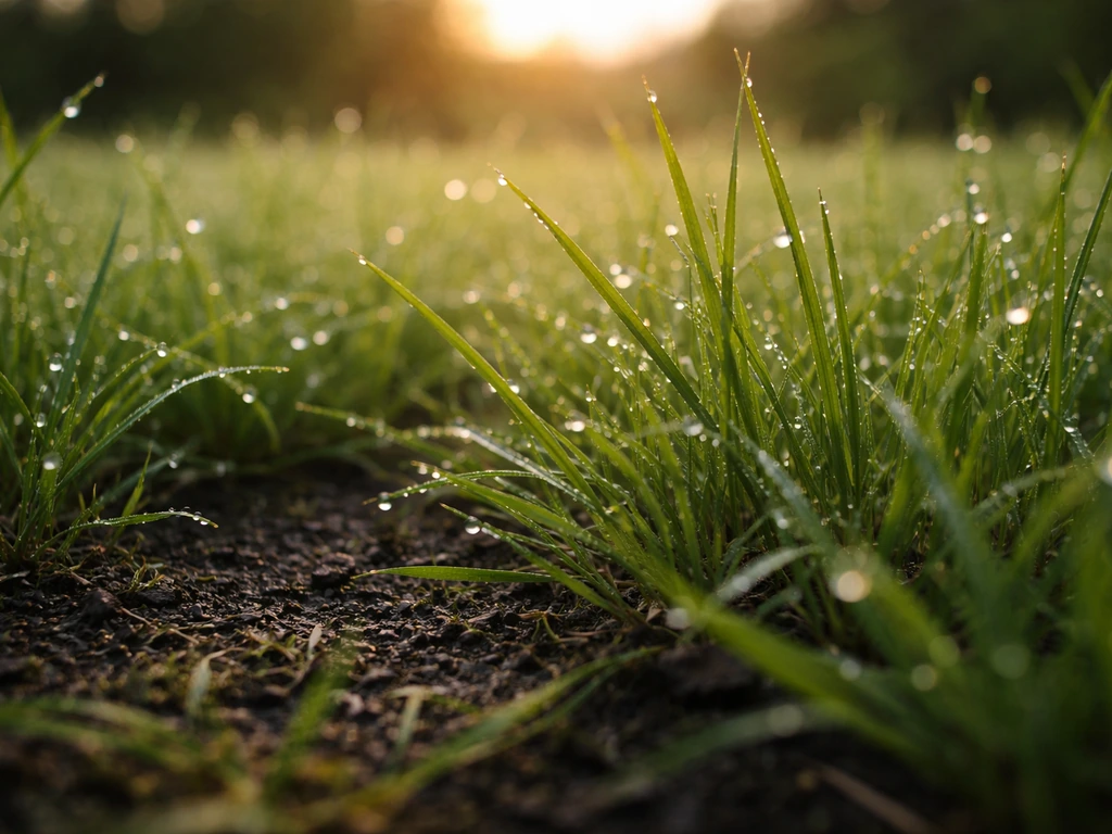 Gazon vert légèrement humide avec rosée et fines gouttes, sol sans flaques ni pluie visible au loin.