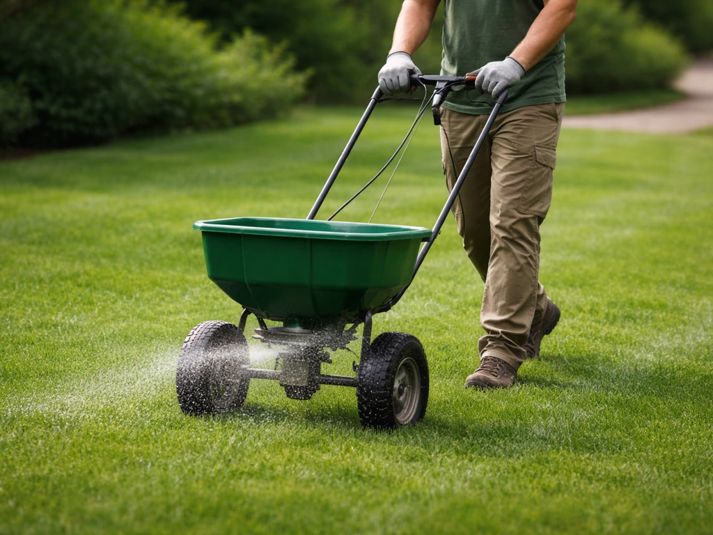 Jardinier épandant de la chaux sur une pelouse avec un épandeur à engrais, avant un arrosage